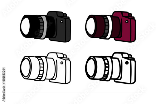 Four hand drawn illustrations of digital cameras with interchangeable lenses in black red and white styles