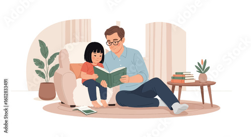 Older brother and little sister reading a book together at home, sharing a story and bonding. Family literacy, educational time.