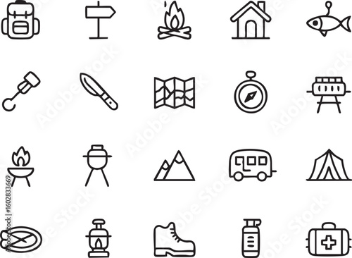 Camping and outdoor adventure line icons set including map compass campfire tent boot grill lantern and other equipment