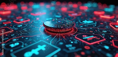 Futuristic digital network with glowing icons and a central dial. Perfect for technology, marketing, or social media themes.