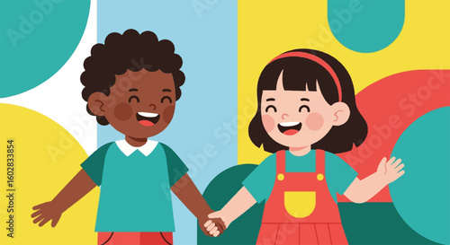 Happy diverse children holding hands, illustrating childhood friendship and sibling bond. Diverse kids smiling, united and joyful.