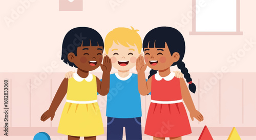 Happy diverse siblings and friends hugging, smiling, and playing together. Joyful childhood illustration of togetherness and unity.