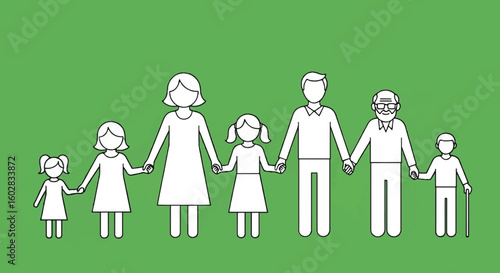Diverse multi-generational family graphic holding hands, symbolizing unity and togetherness. Ideal for sibling day and family bond concepts.