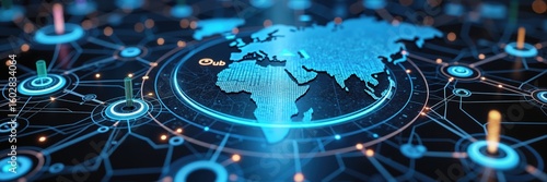 A captivating digital world map illuminated with network connections, showcasing the interconnectedness of technology and global communication.