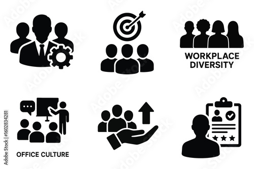 Business team icons representing success and workplace culture isolated on white background