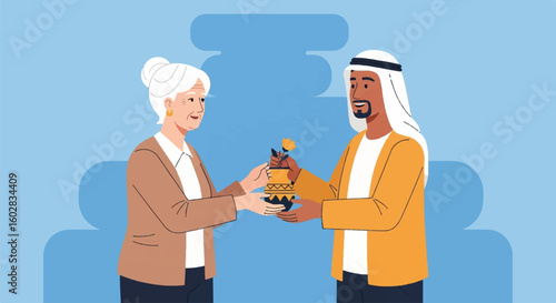 Diverse adults exchanging a thoughtful gift, symbolizing strong family bond, care, and intergenerational connection in a flat design.