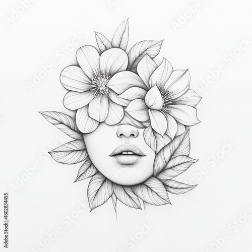 A drawing of a woman's face made out of flowers, a tattoo design with cross