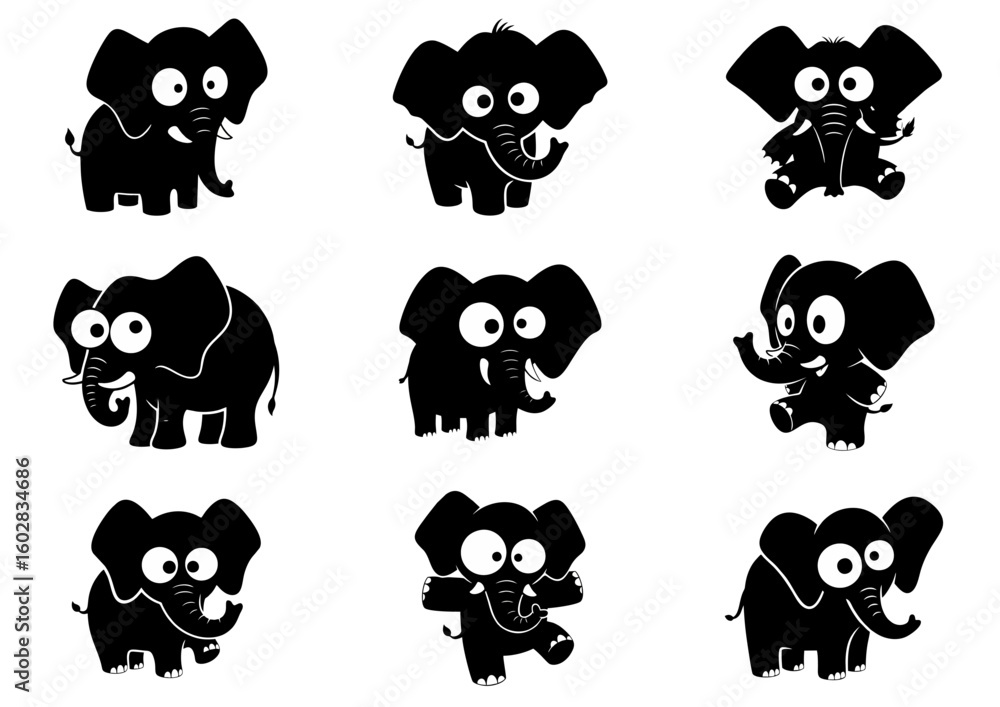Obraz premium Playful elephant silhouette illustration with big eyes and cheerful expression