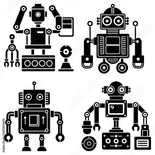 Four distinct black and white retro style robots with different designs and body configurations