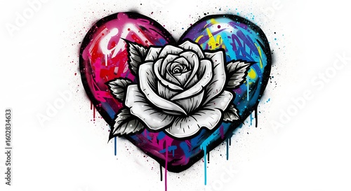 Colorful heart shaped graphic with rose design