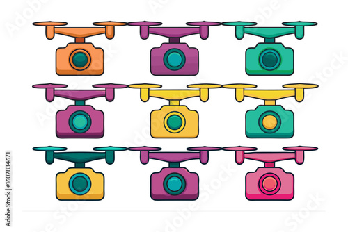 Colorful collection of nine cartoon drones with cameras displayed in a three by three grid pattern