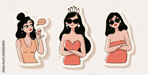 Vector illustration uses a modern cartoon style with warm peach, beige, and black tones, featuring three stylish women with expressive faces, bold outlines, and wavy sticker-like shapes.
