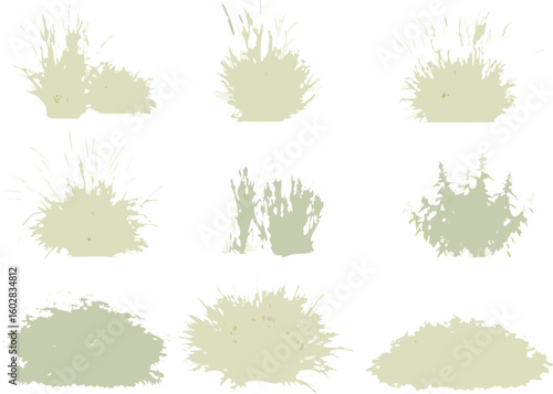 Watercolor botanical illustrations of twenty grasses and shrubs in muted tones, arranged in a clean grid on a white background

