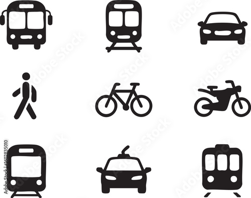 Collection of transportation icons in a simple black and white design including bus train car bicycle and pedestrian
