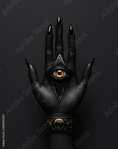 A hand with an eye in the palm, a ring on one finger, and a third eye on another finger