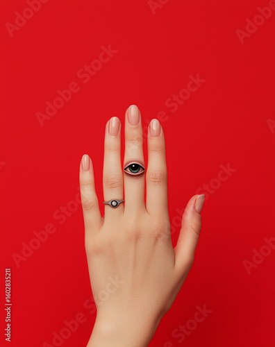 A hand with an eye in the palm, a ring on one finger, and a third eye on another finger