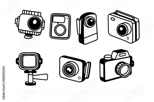 Collection of hand drawn sketch style illustrations of various compact digital cameras and action cameras