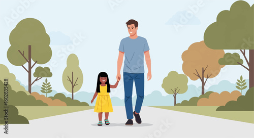 Smiling older brother and younger sister holding hands, walking in a park. Happy sibling bond, family love, childhood joy vector.