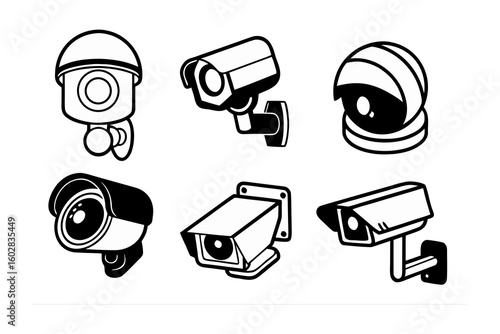 Collection of six distinct hand drawn security camera illustrations in a clean white background layout