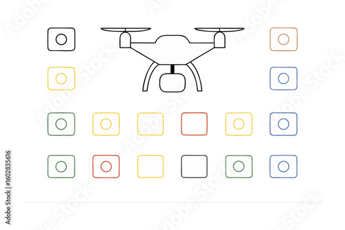 Sketch of a quadcopter drone with multiple circular icons representing camera lenses or filters