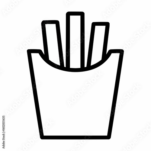 Stylized fries container with three protruding fries in simple straight lines. No shading, pure outline, perfect for vector conversion