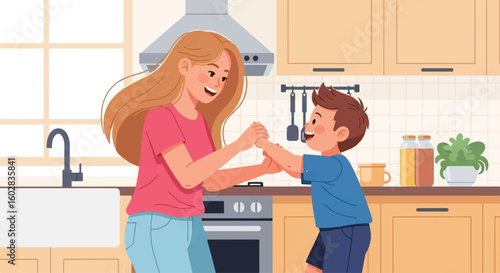 Happy brother and sister playing in kitchen, celebrating National Sibling Day, joyful family bonding, sibling love, vector illustration.
