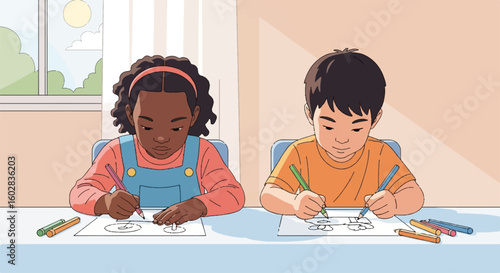 Happy young diverse siblings coloring together at a table, enjoying creative childhood activity and family bonding