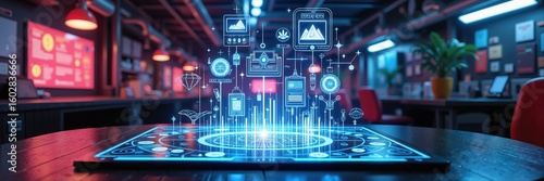 A futuristic digital interface demonstrating data visualization and technology integration in a modern workspace. Ideal for tech, business, and innovation projects.