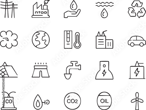Environmental Issues and Ecological Problems Outline Icon Set Including Factory Water Pollution Globe Thermometer and More on White