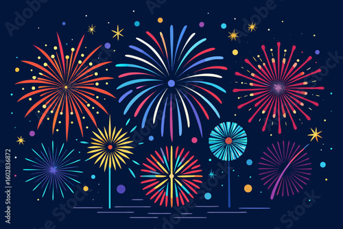 Vibrant fireworks explode across the night sky creating a celebratory atmosphere perfect for holidays and special events