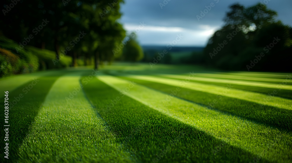 Perfectly Striped Green Grass Field with Sunlight Shadows Perfectly Striped Green Grass Field with Sunlight Shadows