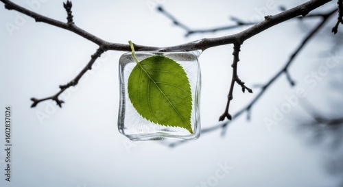 Frozen leaf in a block of ice hanging from a tree branch in the winter time