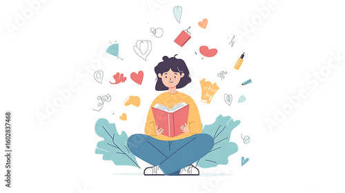 Cartoon character journaling thoughts with book sitting cross legged surrounded by colorful hearts and doodles expressing creativity and calmness