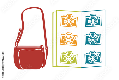 Stylish red crossbody bag and a brochure featuring colorful vintage camera illustrations for photography enthusiasts