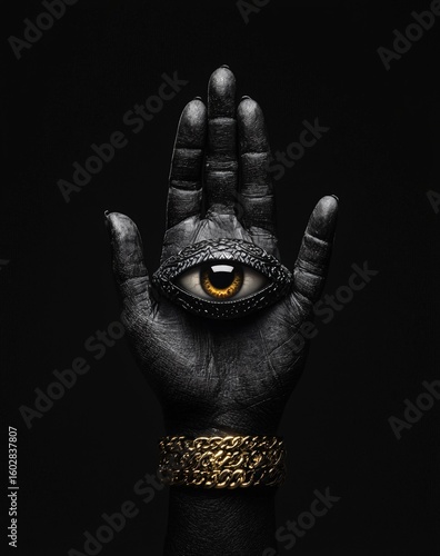 A photograph depicting a palm with an eye in the center, an open hand gesture, a ring on one finger, and additional rings