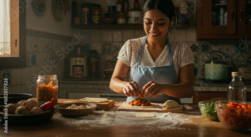 A joyful young woman carefully prepares a traditional recipe, filling dough for savory pastries in a warm, rustic home kitchen.