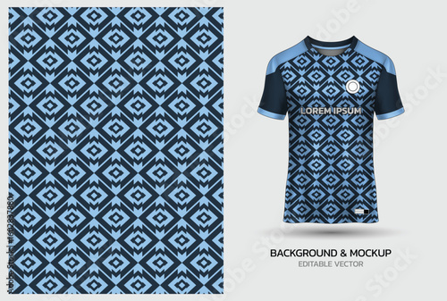 Jersey mockup and background pattern design. Uniform front view jersey and sublimation templates for sports, soccer, football, volleyball, badminton, e-sports, casual