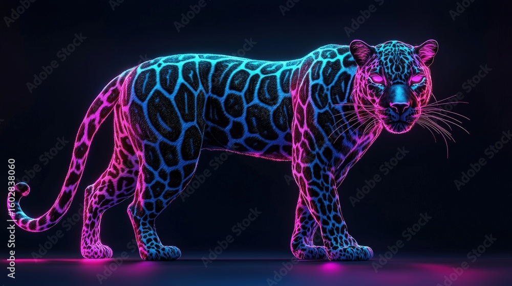 Fototapeta premium Neon jaguar in a dark background.