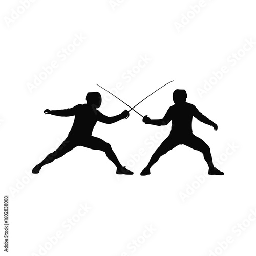 Silhouette of Two Fencers Engaging in a Foil Fencing Bout