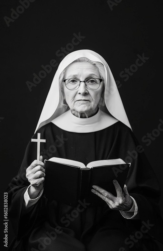 A photograph of an elderly nun wearing glasses and a black and white habit
