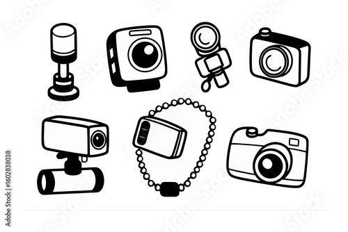 Collection of hand drawn icons representing various photography and videography equipment including cameras and lights