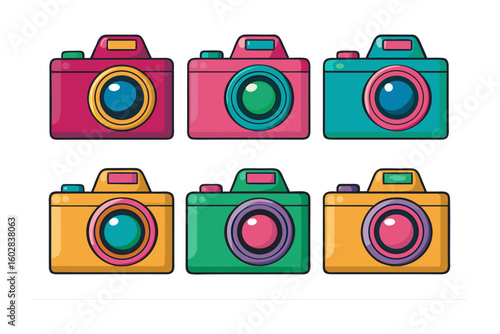 Six retro style cameras with vibrant colors and circular lenses displayed in two rows