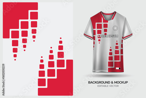 Jersey mockup and background pattern design. Uniform front view jersey and sublimation templates for sports, soccer, football, volleyball, badminton, e-sports, casual