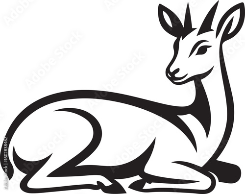 Black dik silhouette resting on white background antelope, Relaxing antelope silhouette black on white
