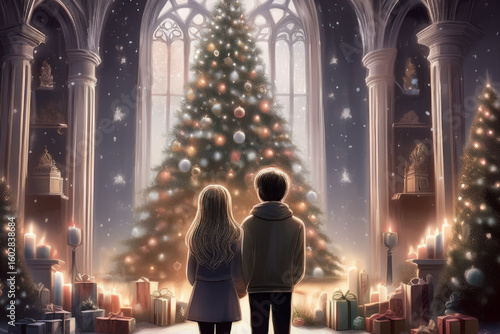教会に来た二人　クリスマスツリー