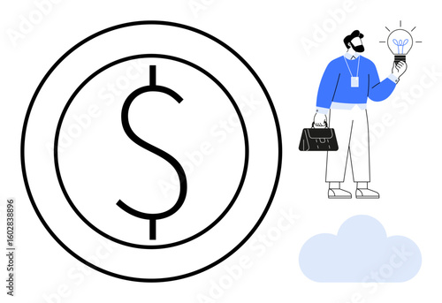 Business professional holding glowing lightbulb idea next to a dollar sign within a circle. Ideal for finance, entrepreneurship, creativity, innovation, leadership, solutions, business insight
