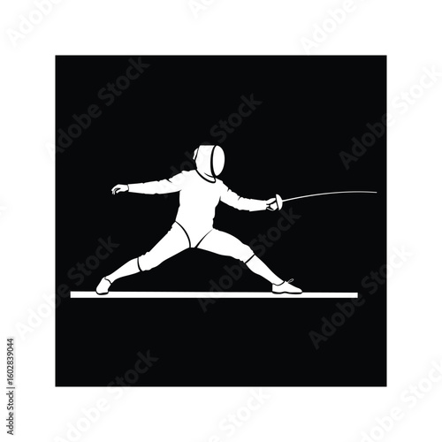 White silhouette of a fencer on a black background fencing action pose foil sport athlete