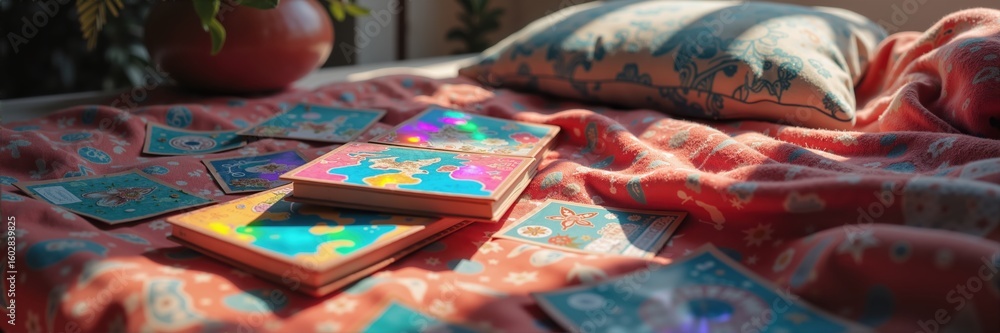 Fototapeta premium A cozy, artistic scene featuring colorful books on a patterned blanket, perfect for creative projects or home decor inspiration.