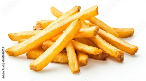 A serving of delicious, crispy french fries on a white background, perfect for food photography.
