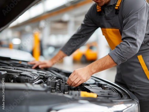  A focused mechanic, clad in a professional uniform, meticulously examines the complex machinery of a vehicle's engine in a bright.generative ai illustration